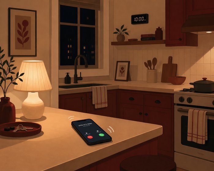 Dim kitchen at 10pm, a phone ringing on the counter.